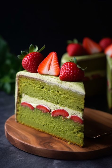 Matcha And Strawberry Cake, Japanese Matcha Cake, Matcha Green Tea Cake, Green Baked Goods, Matcha Wedding Cake, Matcha Deserts, Matcha Birthday Cake, Strawberry Matcha Cake, Matcha Strawberry Cake