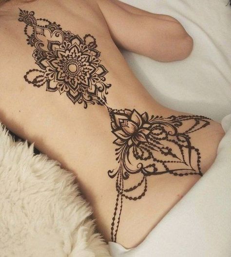 Henna Tattoos On Back, Henna Lower Back Tattoo, Henna Body Designs, Back Tattoo Henna, Underboob Henna, Henna Tattoo Leg, Henna Tattoo Designs Back, Henna On Back, Henna Leg Designs