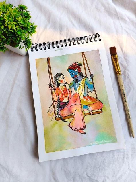 Painting Radha Krishn Drawings, Painting For Holi, Holi Painting Watercolor, Holi Special Drawing, Holi Painting, Holi Drawing, Composition Drawing, Interesting Drawings, Krishna Drawing