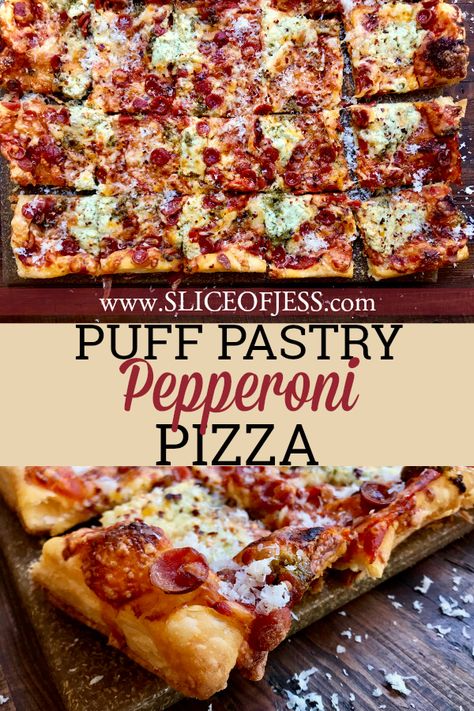 How To Make Pizza With Puff Pastry Sheets Slice of Jess Puff Pastry Pepperoni, Puff Pastry Recipes Dinner, Pesto Ricotta, Puff Pastry Recipes Savory, Puff Pastry Pizza, Meal For Two, Craving Pizza, Pizza Recipes Homemade, Puff Pastry Sheets