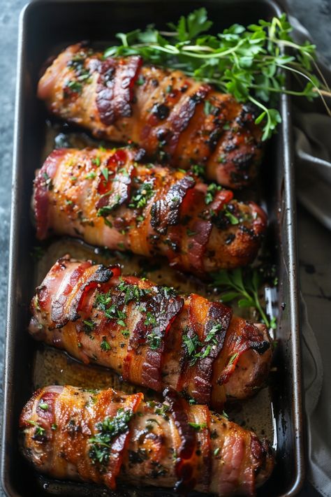 Indulge in the ultimate comfort food with this bacon-wrapped pork tenderloin recipe. Juicy and flavorful, this dish is perfect for a special dinner or gathering. Learn how to make a delicious bacon-wrapped pork loin in the oven with simple ingredients and easy steps. The crispy bacon adds a layer of smokiness that complements the succulent pork perfectly. Impress your guests with this mouthwatering bacon-wrapped pork dish that is sure to be a hit every time! Bacon Wrapped Pork Tenderloin Recipes, Pork Loin Oven, Pork Loin Recipes Oven, Pork Wellington, Bacon Wrapped Tenderloin, Baked Pork Loin, Pork Loins, Bacon Wrapped Pork Loin, Bacon Wrapped Pork Tenderloin