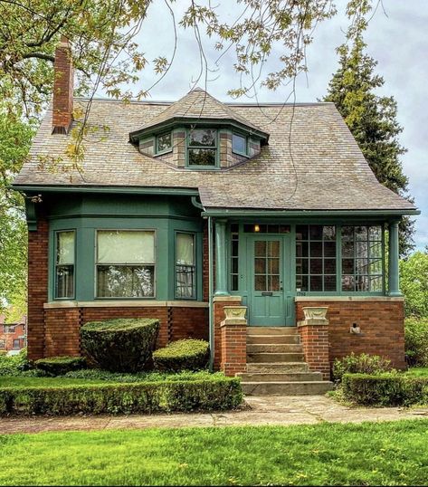 Unique New & Old Custom Homes | Detroit, Michigan Unique House Colors, Green Front Door, Whimsical Houses, Michigan Photography, Casas The Sims 4, Dream Cottage, Craftsman Bungalows, Cute House, Detroit Michigan