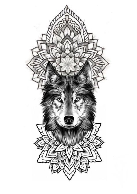 Wolf And Mandala Tattoo, Wolf Mandala Tattoo Design, Wolf Shin Tattoo, Geometric Jaguar Tattoo, Mandala Wolf Tattoo, Wolf Mandala Tattoo, Animal Mandala Tattoo, Sketches Wolf, Half Sleeve Tattoos Wolf