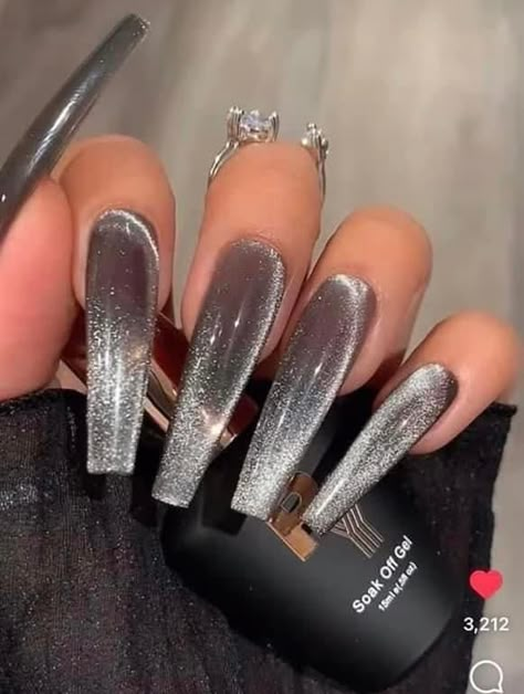 Grey Holographic Nails, Black Shiny Nails, Beige Nails Design, Nail Extensions Acrylic, Eye Nail Art, Cow Nails, Black Acrylic Nails, Drip Nails, Grunge Nails