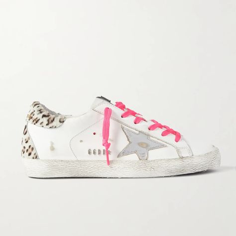 Golden Goose Superstar Leopard-Print Calf Hair-Trimmed Distressed Leather Sneakers W/ Pink Laces In Size 38, Comes With Original Box And Unused Dust Bag. Pink Golden Goose, Golden Goose Bag, York Outfits, Cutest Shoes, Shoes Golden Goose, Bday Gifts, Golden Goose Superstar, New York Outfits, Preppy Shoes