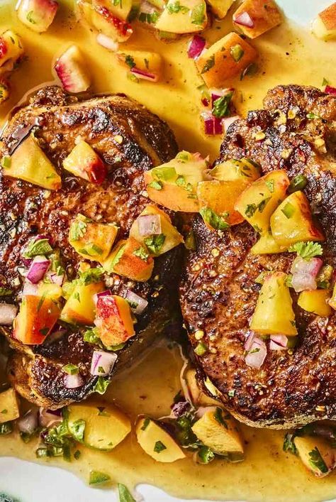 This peach pork chop recipe features honey-glazed pork with a fresh peach salsa for a sweet and spicy grilled dinner. Honey Glazed Pork Chops With Peach Salsa, Peach Salsa Pork Chops, Pork Chop And Peaches Recipes, Pork Chop Peaches Recipe, Pork With Peaches, Pork And Peaches Recipes, Jalepeno Pork Chops, Pork Peaches Recipe, Peach Glazed Pork Chops