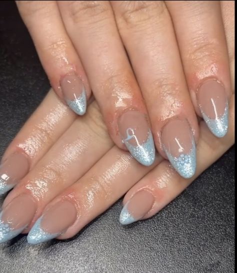 Light Blue Sparkly Nails, Sparkly French Tip, Almomd Nails, Sparkly French Tip Nails, Blue Sparkly Nails, Sparkly French Tips, Tip Almond Nails, French Tip Almond Nails, Cinderella Nails