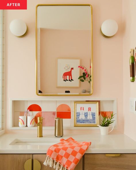 Colorful Bathroom Vanities, Double Vanity Kids Bathroom, Colorful Vanity Bathroom, Colorful Guest Bathroom, Children’s Bathroom, Kids/guest Bathroom, Maximalist Artwork, Teen Bathroom Ideas, Small Family Bathroom