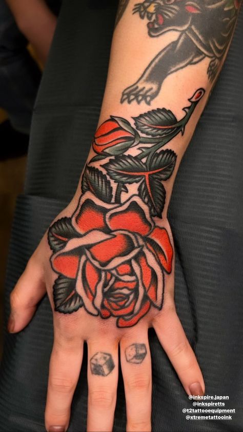 Rose Hand Tattoo Traditional, Traditional Rose With Stem Tattoo, Traditional Skull And Flower Tattoo, Roses Tattoo Traditional, Traditional Flower Hand Tattoo, Rose Leaf Tattoo, New School Rose Tattoo, Traditional Rose Flash, Traditional Rose Tattoo Flash