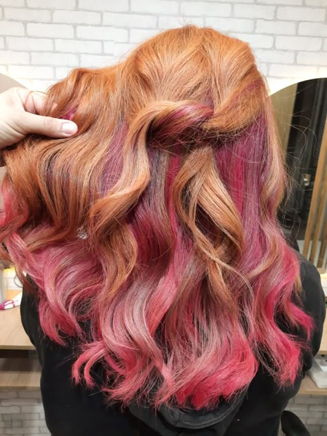 Ginger Hair With Red Peekaboo, Red Hair Pink Peekaboo, Red Hair With Pink Peekaboos, Natural Red Hair With Peekaboo Color, Ginger Hair With Pink Underneath, Copper Hair Pink Highlights, Natural Red Hair With Pink Highlights, Ginger Hair With Colored Streaks, Ginger Hair With Purple Highlights