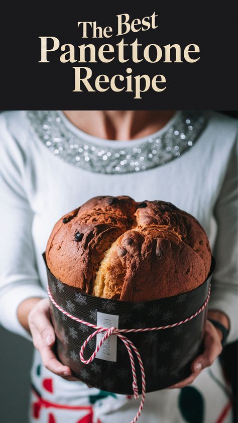 This image showcases a beautifully baked panettone, held by a person in a festive outfit. The golden-brown dome is perfectly risen, emphasizing its soft and airy texture. The caption, "The Best Panettone Recipe," suggests a reliable and traditional recipe perfect for holiday celebrations. Authentic Panettone Recipe, The Modern Nonna Recipes, Pannetone Recipe Sourdough, Pannetone Cake, Christmas Dinner Italian, Panatone Bread Recipe, Panatone Bread Italian Christmas, Pannetone Recipe Desserts, Chocolate Chip Panettone Recipe