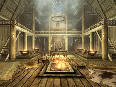 Skaal Greathall Skyrim House Interior, Skyrim House, Grilled Leeks, Outdoor Fire Pits, Large Fire Pit, House Redesign, Salmon Steak, Small End Tables, Deer Hide