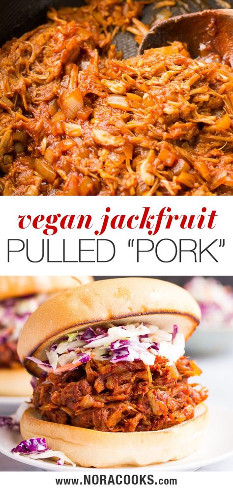 Vegetarian Pulled Pork, Vegan Pulled Pork Sandwich, Jackfruit Pulled Pork, Nora Cooks, Vegan Bbq Recipes, Vegan Pulled Pork, Bbq Jackfruit, Jackfruit Recipes, Vegan Coleslaw