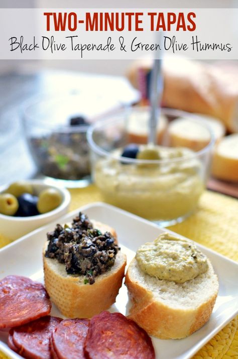 Olive Tapas Recipes made with Olives from Spain - Black Olive Tapenade & Green Olive Hummus Tapas For Two, Olive Hummus Recipe, Olive Hummus, Black Olive Tapenade, Tapas Dinner, Spanish Tapas Recipes, Tapenade Recipe, Tapas Party, La Boqueria