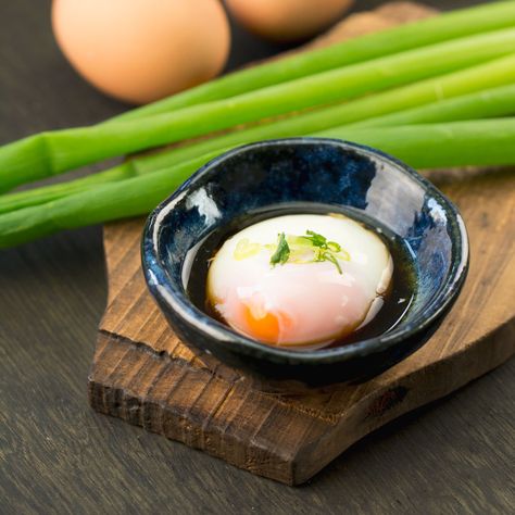 Onsen Tamago How To Make, Hot Spring Egg, Japanese Eggs, Japanese Soft Boiled Egg, Japanese Marinated Egg, Onsen Tamago, Onsen Egg, Asian Food Photography, Japanese Egg