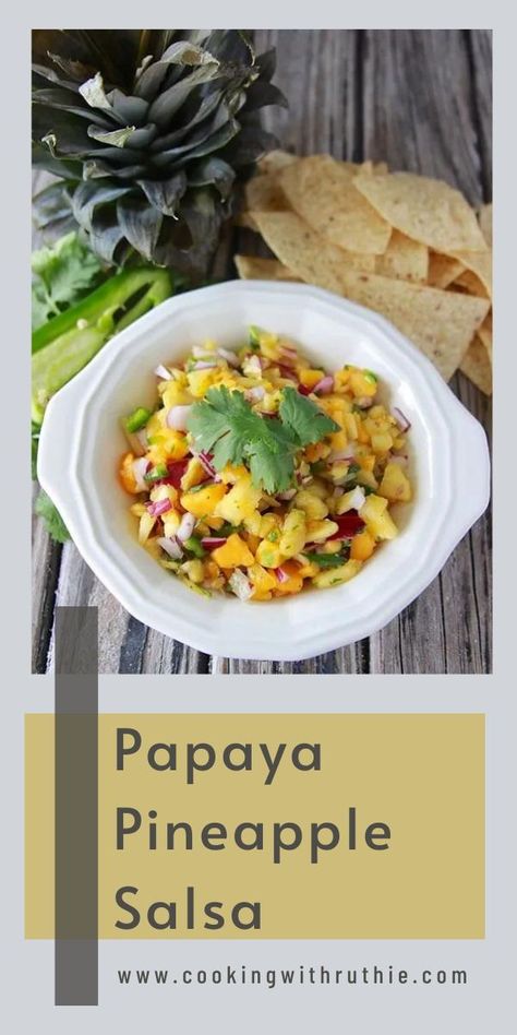 Add a tropical twist to your salsa game with this Papaya Pineapple Salsa! Perfect for topping grilled meats or enjoying with chips. 🍍🌶 #SalsaRecipe #TropicalFlavors || cookingwithruthie.com Papaya Salsa, Mint Margarita, Pineapple Salsa Recipe, Grilled Meats, Strawberry Mint, Pineapple Salsa, Tres Leches Cake, Tropical Twist, Fresh Salsa