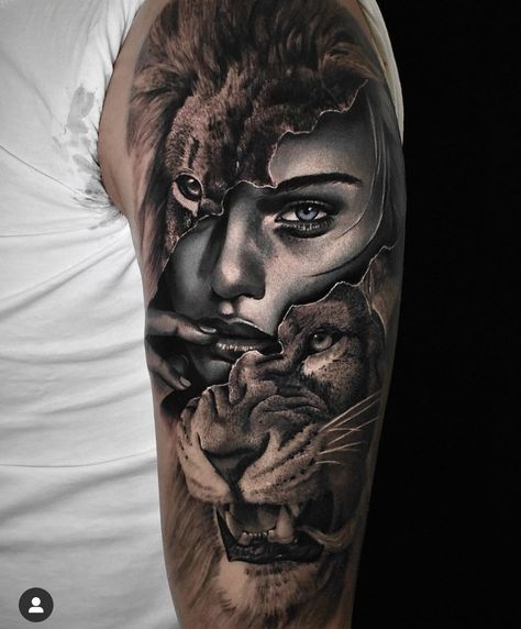 Human Face Tattoo, Realism Animal Tattoo, Lace Sleeve Tattoos, Female Lion Tattoo, Left Arm Tattoos, Face Tattoos For Women, Around Arm Tattoo, Tatuagem Masculina Pequena, Animal Sleeve Tattoo