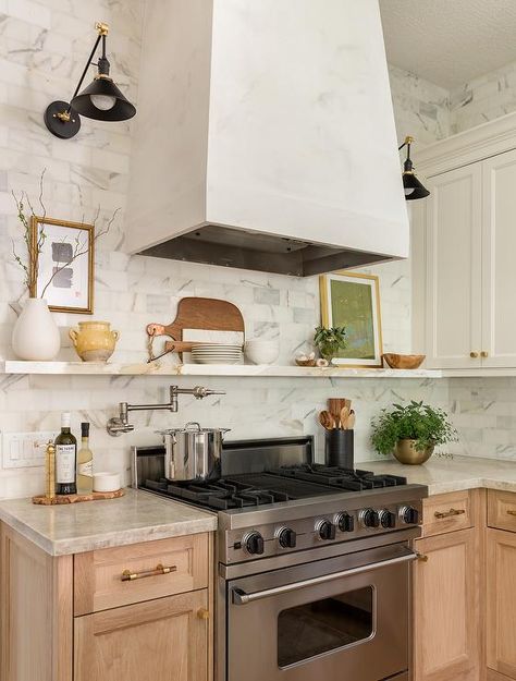 The Best Beautiful and Practical Kitchen Open Shelving Decor Ideas - MY CHIC OBSESSION Kitchen Quartz Shelf, Shelf Over Cooktop, Shelf Above Cooktop, Floating Shelf Under Kitchen Cabinets, Kitchen Hood Wall No Cabinets, Ledge Over Stove, Floating Shelf Under Range Hood, Range On Short Wall, Stove Alcove With Shelves