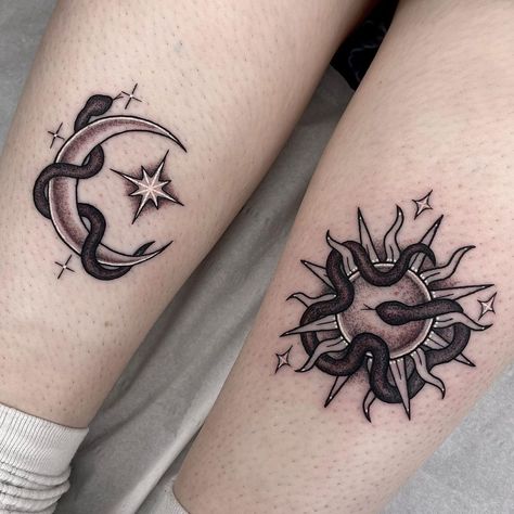 17 Witchy Tattoo Ideas for Your Next Ink - Spiritvibez Witchy Sun Tattoo, Tattoo Sol E Lua, Sun And Moon Tattoos, Matching Ideas, Maching Tattoos, Matching Friend Tattoos, Sun Tattoo Designs, Bestie Tattoo, Moon Tattoos