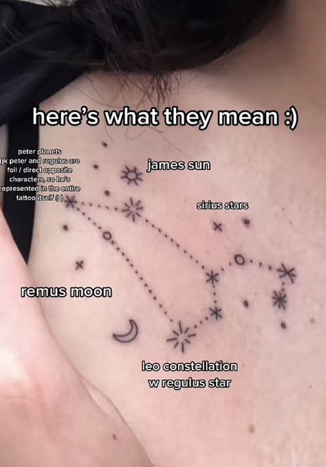 Harry Potter Marauders Tattoo Ideas, Anything For Our Moony Marauders Tattoo, Regulus Star Tattoo, Subtle Fandom Tattoos, Starchaser Tattoo, Jegulus Tattoos, Marauders Era Tattoo, Harry Potter Tattoos Marauders, Marauder Tattoo Ideas