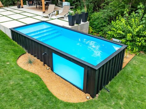 Check out this stunning 8x20 Ecopool, featuring an all-black exterior and a large window for a one-of-a-kind swimming experience. Installed partially in-ground, it's the perfect blend of modern sophistication and economical design. This is your sign to get a shipping container pool and elevate your backyard! ✨ https://www.ecopool.com/ Swimming Pool Container, Cabin Treehouse, Piscina Container, Container Pools, 3d Pool, Shipping Container Pool, Black Cabin, Container Pool, Building A Swimming Pool