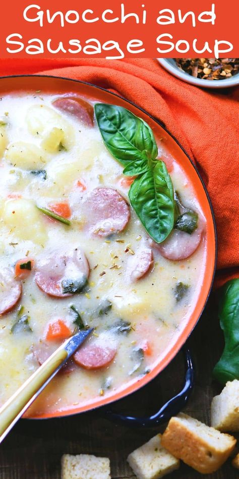 This easy Gnocchi and Sausage recipe combines two of my favorite things: kielbasa smoked sausage and potato pillows of goodness called gnocchi. It’s easy, hearty and delicious, perfect for a quick comfort food fix. It works for a busy weeknight with quick prepping. If you use the Instant Pot, you simply set the time and relax while it does all the work for you. Gnocchi And Sausage, Dinner September, Quick Comfort Food, Easy Gnocchi, Rich Beef Stew, Kielbasa Soup, Gnocchi Recipes Soup, Warm Soup Recipes, Stews Recipes