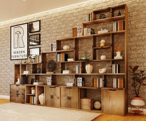 Sturdy Bookshelves, Wall Shelf Storage, Reclaimed Wood Bookcase, Rustic Shelving, Wood Shelving Units, Wood Entertainment Center, Study Room Design, Lobby Reception, Gallery Wall Living Room