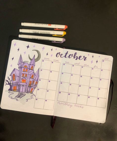 Purple spooky/haunted house bullet journal monthly spread Haunted House Bullet Journal, October Monthly Spread Bullet Journal, October Journal, October Bullet Journal, Journal October, Bullet Journal October, Vision Boarding, Bullet Journal Monthly, Spooky Haunted House