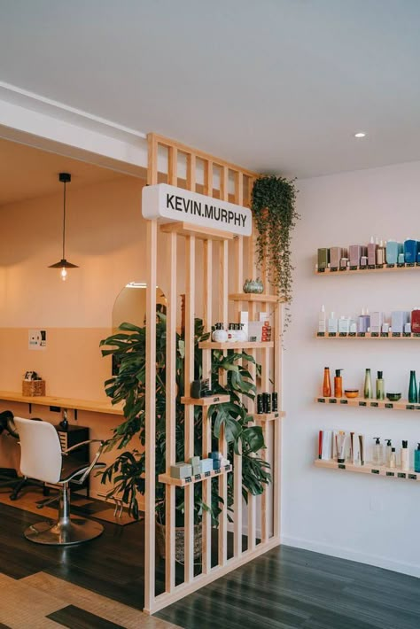 Retail Store Sitting Area, Hair Salon Divider Ideas, Saloon Partition Design, Beauty Salon Room Divider Ideas, Rustic Glam Salon Decor, Small Space Shop Interior Design, Shelves In Salon, Diy Beauty Salon Decor, Hair Salon Shelving Ideas