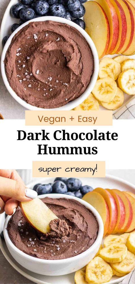 Rich, creamy, and decadent, this dark chocolate hummus is a must-have dip to have on hand! It is super easy to make and is ready in 5 minutes. Incredibly versatile and pairs well with crackers, fruits, and toast. Brownie Batter Hummus, Vegan Chocolate Brownies, Hummus Recipes, Chocolate Hummus, Vegan Appetizer, Healthy Dark Chocolate, Dessert Hummus, Vegan Snack Recipes, Breakfast Easy