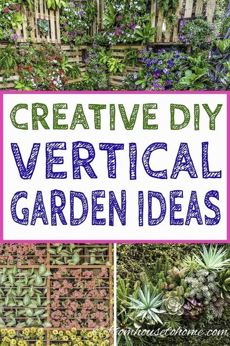 These DIY vertical garden ideas are too cool! Whether you want to plant herbs, succulents,  flowers, or any other plants, there are lots of ways to build vertical garden walls #fromhousetohome #verticalgarden Ideas For Small Gardens, Diy Vertical Garden, Garden Puns, Vertical Pallet Garden, Vertical Garden Ideas, Vertical Succulent Gardens, Gutter Garden, Vertical Garden Design, Vertical Vegetable Garden