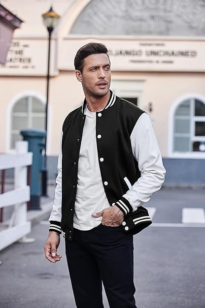 Price: $52.99 #mens #jackets #coat #gooddeal #amazon Classic Varsity Bomber Jacket:The mens baseball jacket is made of soft fabric, high quality and comfortable. Fashion Leather Sleeves Varsity Jackets：The jersey varsity jacket outerwear is soft and lightweight, making you feel comfortable.The sleeves of the varsity jacket are made of leather, which is waterproof. Vintage High School Letterman Jacket：Original hip hop varsity jacket with elastic ribbed cuffs and stretchy hem, 2 side pockets and High School Letterman Jacket, Mens Long Cardigan, Vintage High School, Leather Baseball Jacket, Lined Flannel Shirt, Leather Varsity Jackets, College Jackets, College Baseball, Varsity Jackets