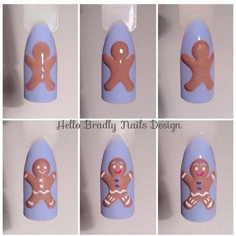 How to paint a gingerbread man on nails step by step. Nail Art Noel, Xmas Nail Art, Unghie Nail Art, Nail Designs Tutorial, Nail Drawing, Christmas Gel Nails, Christmas Nail Art Designs, Christmas Nails Acrylic, Shellac Nails