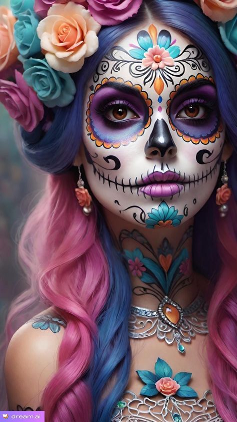 Mexican Sugar Skull Art Beautiful, Sugar Skull Art Painting, Sugar Skull Face Paint, Halloween Makeup Sugar Skull, Skull Face Paint, Sugar Skull Face, Sugar Skull Artwork, Dead Makeup, Den Mrtvých