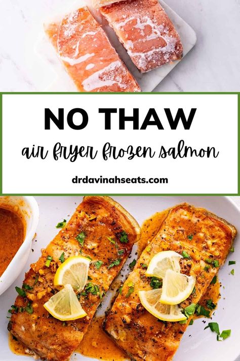 Air Fryer Frozen Salmon | Dr. Davinah's Eats Cajun Garlic Butter Sauce, Air Fryer Frozen Salmon, Frozen Salmon Recipe, Salmon Keto, Cook Frozen Salmon, Salmon In Air Fryer, Recipes Salmon, Frozen Salmon, Healthy Salmon Recipes