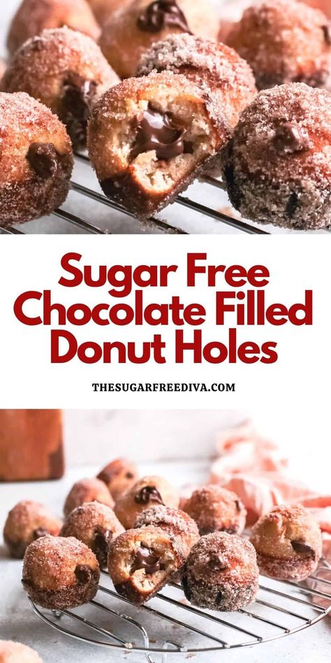 Sugar Free Chocolate Filled Donut Holes, a tasty dessert or snack recipe that has no added sugar. Keto alternative. Donuts For Diabetics, Sugar Free Donut Recipe, Chocolate Filled Donut, Filled Donut Holes, Sugar Free Pastries, Sugar Donuts Recipe, Sugar Free Donuts, Nana Banana, Sugar Free Chocolate Cake