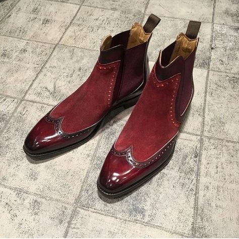 No photo description available. Burgundy Boots Ankle, Quality Leather Boots, Custom Design Shoes, Maroon Leather, Ankle Boots Men, High Ankle Boots, Suede Leather Shoes, Handmade Leather Shoes, Mens Boots Fashion