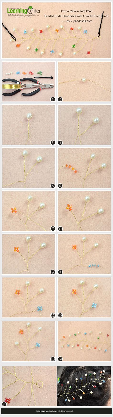 How to Make a Wire Pearl Beaded Bridal Headpiece with Colorful Seed Beads Bridal Headpieces Diy, Pearl Bridal Headpiece, Beaded Headpiece, Headpiece Diy, Wire Headband, Tutorials Diy, Crafts Jewelry, Bridal Headpiece, Hair Decorations