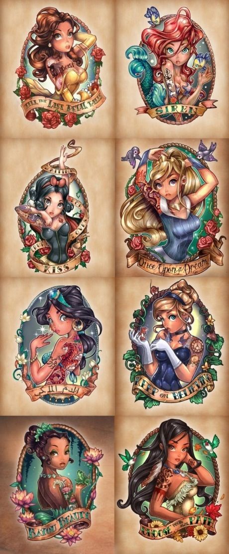 Disney Pinup Tattoo Design, cool way to make something awesome from childhood more "grown up" Anime Pinup Tattoo, Pin Up Princess, Disney Pin Up, Dibujos Pin Up, Pinup Tattoo, Disney Punk, The Disney Princesses, Disney Princess Tattoo, Punk Disney