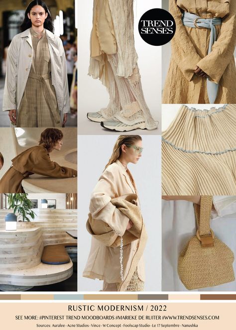 RUSTIC MODERNISM // 2022 – Trendsenses - Trend - Color - Mood - Sources: Auralee – Acne Studios – Vince – W Concept – Foolscap Studio – Le 17 Septembre – Nanushka Fashion Trending Moodboard, Fashion Trend Forecast, Color Trends Fashion, Fashion Forecasting, Fashion Design Portfolio, Summer Fashion Trends, Trend Forecasting, 가을 패션, Modernism