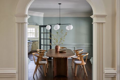 Room Gate Design, Modern Colonial Farmhouse, Blue Dining Room Chairs, Neutral Furniture, Dining Room Blue, Built In Bookcase, Soft Seating, Lounge Seating, Cool House Designs