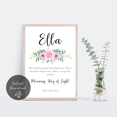 Sophia Name Meaning, Amelia Name Meaning, Pink Flowers Printable, Ella Name, Grace Name, Olivia Name, Floral Digital Print, Flowers Printable, Pink Floral Design