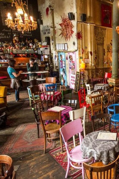 Living Deliciously, Szimpla Kert, Eclectic Cafe, Bar Deco, Bookstore Cafe, Coffee Shop Interior Design, Coffee Shop Aesthetic, Small Cafe, Coffee Shops Interior