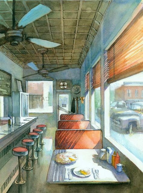 #RobertSteele #illustration of #diner #roadsidediner #diner #restaurant #truckstop #painting #watercolor #lindgrensmith Painting Of A Restaurant, Cafe Inside Drawing, Painting Of Restaurant, Restaurant Illustration Interior, Watercolor Restaurant, Diner Concept Art, Drawing Restaurant, Diner Painting, Restaurant Sketch