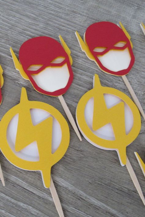 Flash Birthday Party Ideas, Flash Birthday Party, Superhero Flash, Flash Symbol, Flash Mask, Superhero Cupcake Toppers, Superhero Cupcakes, 12 Cupcakes, Topper Cake