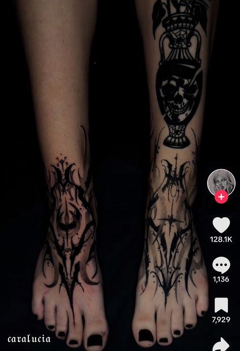 Full Ankle Tattoo, Gothic Ankle Tattoo, Black Work Tattoo Leg, Melancholic Tattoo, Neogothic Tattoo, Matching Shin Tattoos, Womens Shin Tattoo, Gothic Thigh Tattoo, Japanese Foot Tattoo