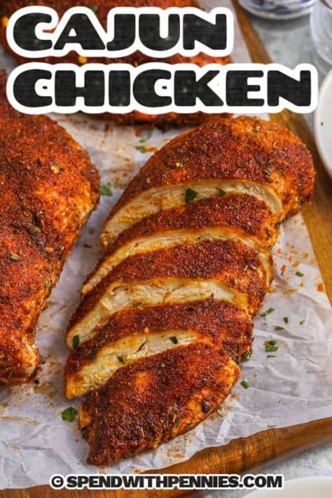 This Cajun chicken recipe produces flavorful, tender chicken breasts in a flash! Prepping this three ingredient dish is a breeze too! Just toss boneless, skinless chicken breasts with oil and Cajun seasoning, and bake until golden and juicy. Make a creamy version with Alfredo sauce. Add sausage or shrimp to the pan for tasty twist on jambalaya. Serve with rice or pasta. #cajunchicken #cajunchickenrecipe #spendwithpennies #cajunchickenpasta Cajun Chicken Recipes For Dinner, Chicken Recipes Cajun, Boneless Chicken Breast Recipes Oven, Boneless Skinless Chicken Breast Recipes Baked, Easy Cajun Chicken, Bbq Truck, Crispy Baked Chicken Legs, Cajun Chicken Breast, Baked Cajun Chicken