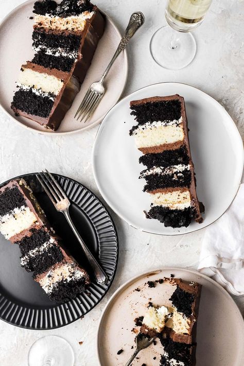 Tuxedo Cake Recipe - Baran Bakery Chocolate And White Cake, Tuxedo Cake Recipe, Chocolate Tuxedo, Best Vanilla Cake Recipe, Tuxedo Cake, Opera Cake, Whipped Ganache, Cake Layers, White Chocolate Ganache