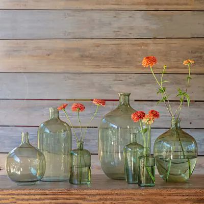 Demi John Bottles Decor, Old Glass Bottles Ideas, Green Glass Decor, Barn Wall Art, Vintage Bathroom Decor, Green Glass Bottles, Bottle Display, Natural Decor, Glass Bottles Decoration