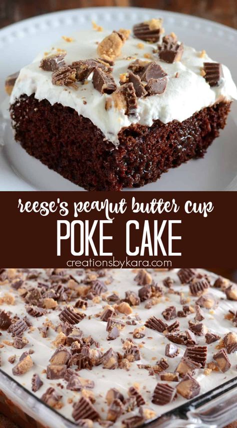 Peanut Butter Chocolate Poke Cake - incredibly moist cake with peanut butter chocolate sauce, whipped cream, and peanut butter cups. A decadent poke cake recipe! #pokecake #peanutbutterpokecake #peanutbutterchocolatecake #chocolatepokecake -from Creations by Kara #pokecake #peanutbutterpokecake #peanutbutterchocolatecake #chocolatepokecake -from Creations by Kara Candy Bar Cake, Poke Cake Recipe, Chocolate Poke Cake, Bar Cake, Desert Ideas, Betty Crocker Recipes, Chocolate Peanut Butter Cake, Butter Cake Recipe, Poke Cake Recipes